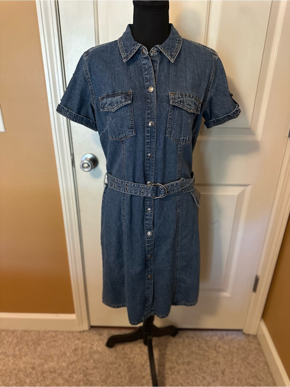 Faded Glory Blue Denim Button-Front Midi Shirt Dress with Belt